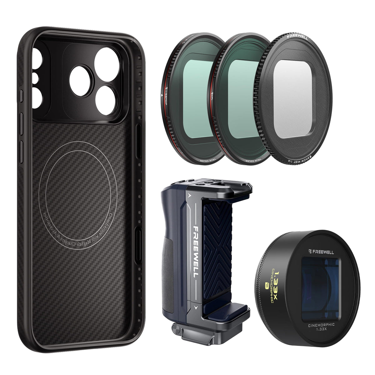 Freewell iPhone Pro Filmmaker Mega Kit with anamorphic lens, filters, grip and case