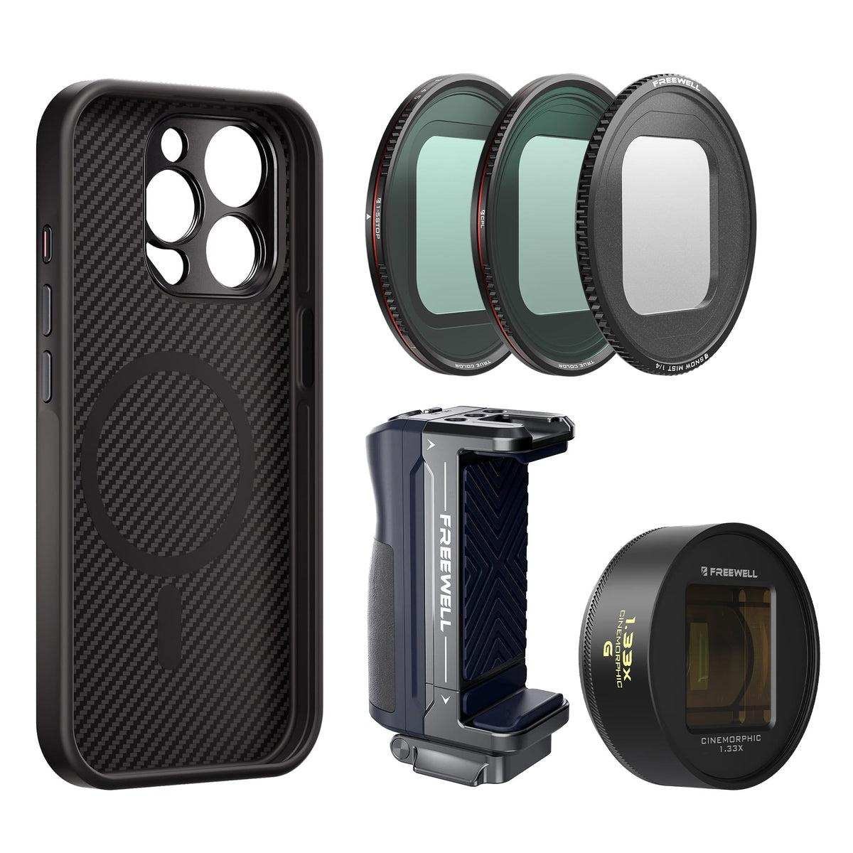 Gold 1.33x anamorphic lens for freewell with iPhone 15 pro max case, Magnetic filters VND, Snow Mist, CL, Bluetooth Grip Kit by Freewell