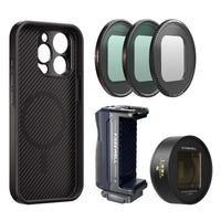 Gold 1.33x anamorphic lens for freewell with iPhone 15 pro max case, Magnetic filters VND, Snow Mist, CL, Bluetooth Grip Kit by Freewell