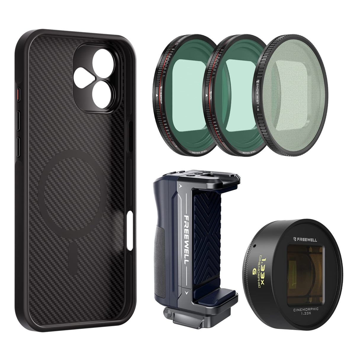 Freewell iPhone 16 Plus Filmmaker Mega Kit has an iPhone case, a grip, Gold anamorphic lens, CPL, Snow Mist & VND1-5 filter.