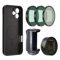 Freewell iPhone 16 Plus Filmmaker Mega Kit has an iPhone case, a grip, Gold anamorphic lens, CPL, Snow Mist & VND1-5 filter.