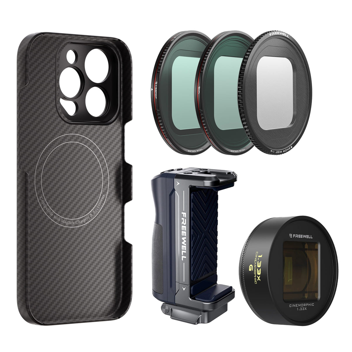 Gold 1.33x anamorphic lens for freewell with iPhone 16 pro max case, Magnetic filters VND, CPL, Snow mist, Bluetooth Grip Kit
