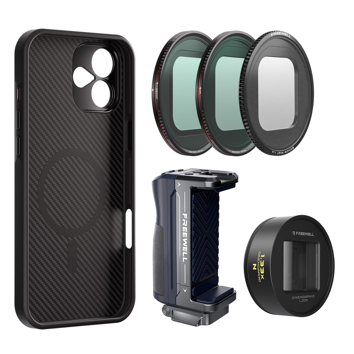 Freewell iPhone 16 Plus Filmmaker Neutral Mega Kit includes iPhone case, grip, 1.33x neutral anamorphic lens, CPL, Snow Mist & VND1-5 filter.