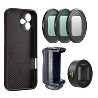 Freewell iPhone 16 Plus Filmmaker Neutral Mega Kit includes iPhone case, grip, 1.33x neutral anamorphic lens, CPL, Snow Mist & VND1-5 filter.