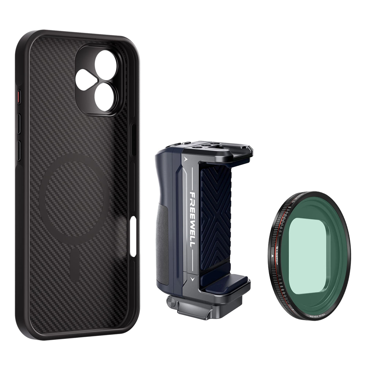 Freewell iPhone 16 Plus Filmmaker Starter includes iPhone case, a multifunctional grip and a VND1-5 filter.