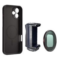 Freewell iPhone 16 Plus Filmmaker Starter includes iPhone case, a grip and a VND1-5 filter.