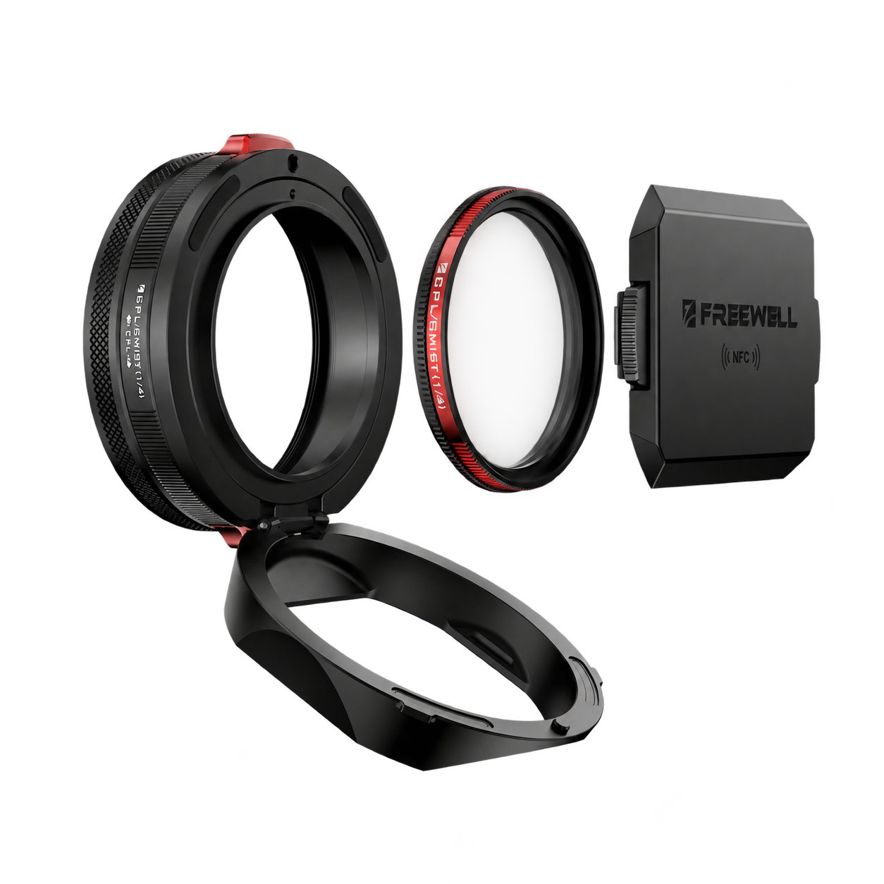Exploded view of the Freewell Leica Q3 43 Real Lens Hood, CPL + Black Mist 1/4 filter and NFC lens cap with red control tabs