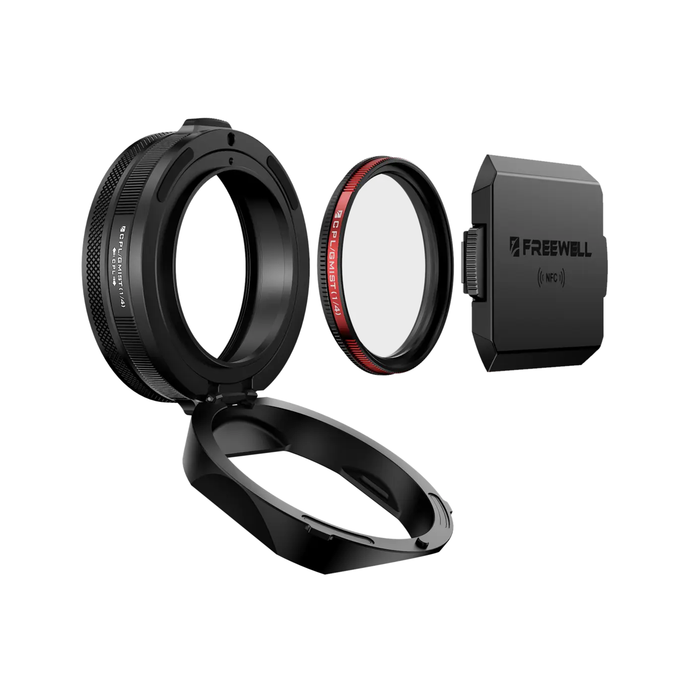 Exploded view of the Freewell Leica Q3 43 lens hood, 49mm hybrid filter and NFC lens cap