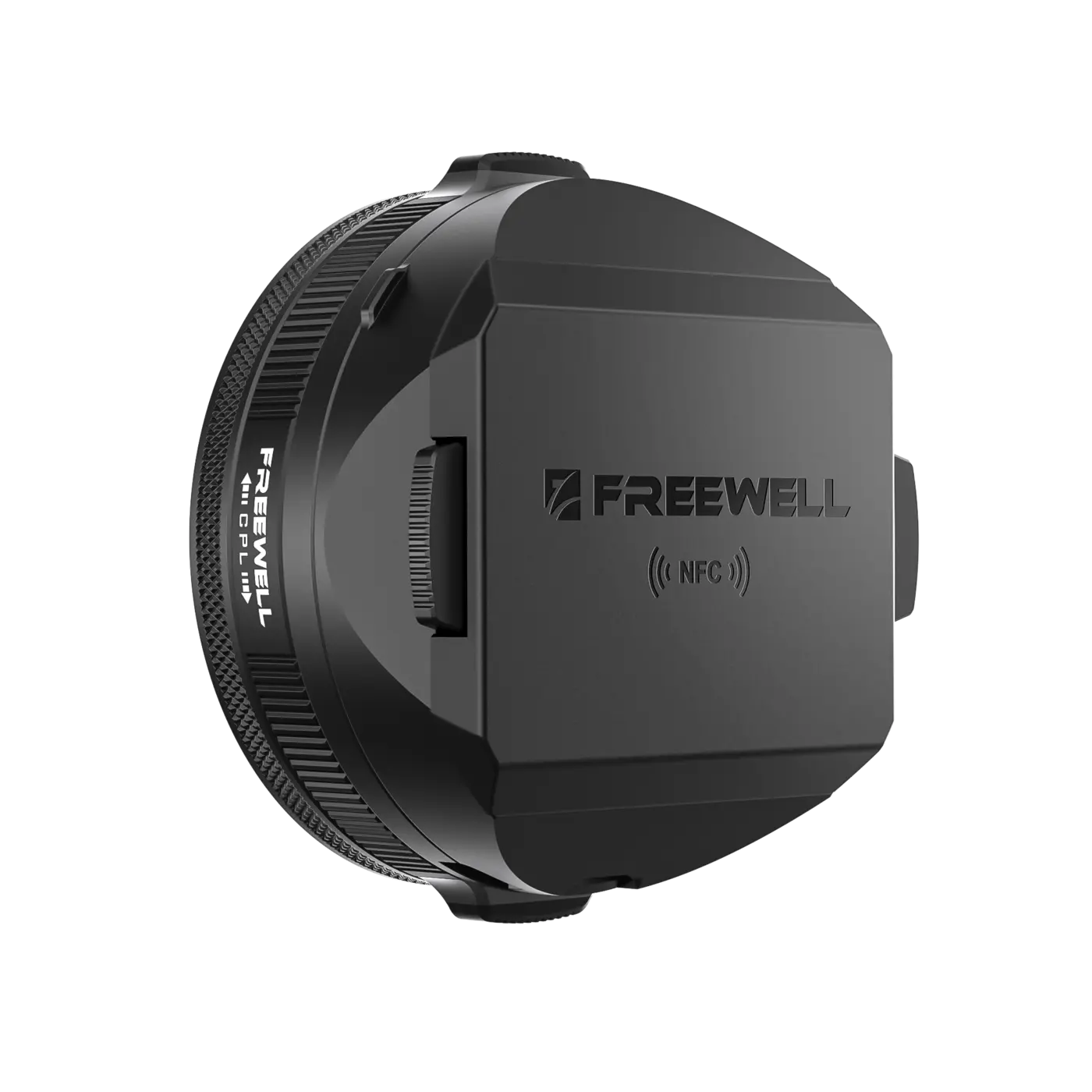 Freewell lens hood with NFC-enabled lens cap