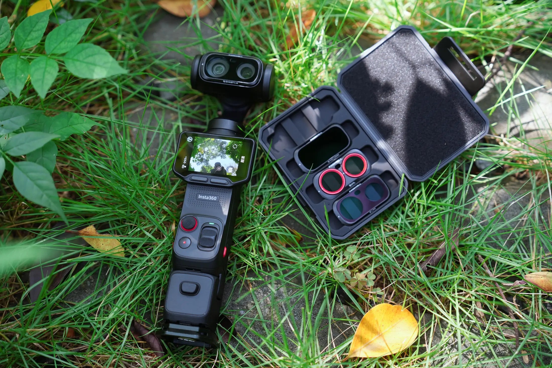 Freewell Everyday filter kit with Insta360 Luna Ultra outdoors