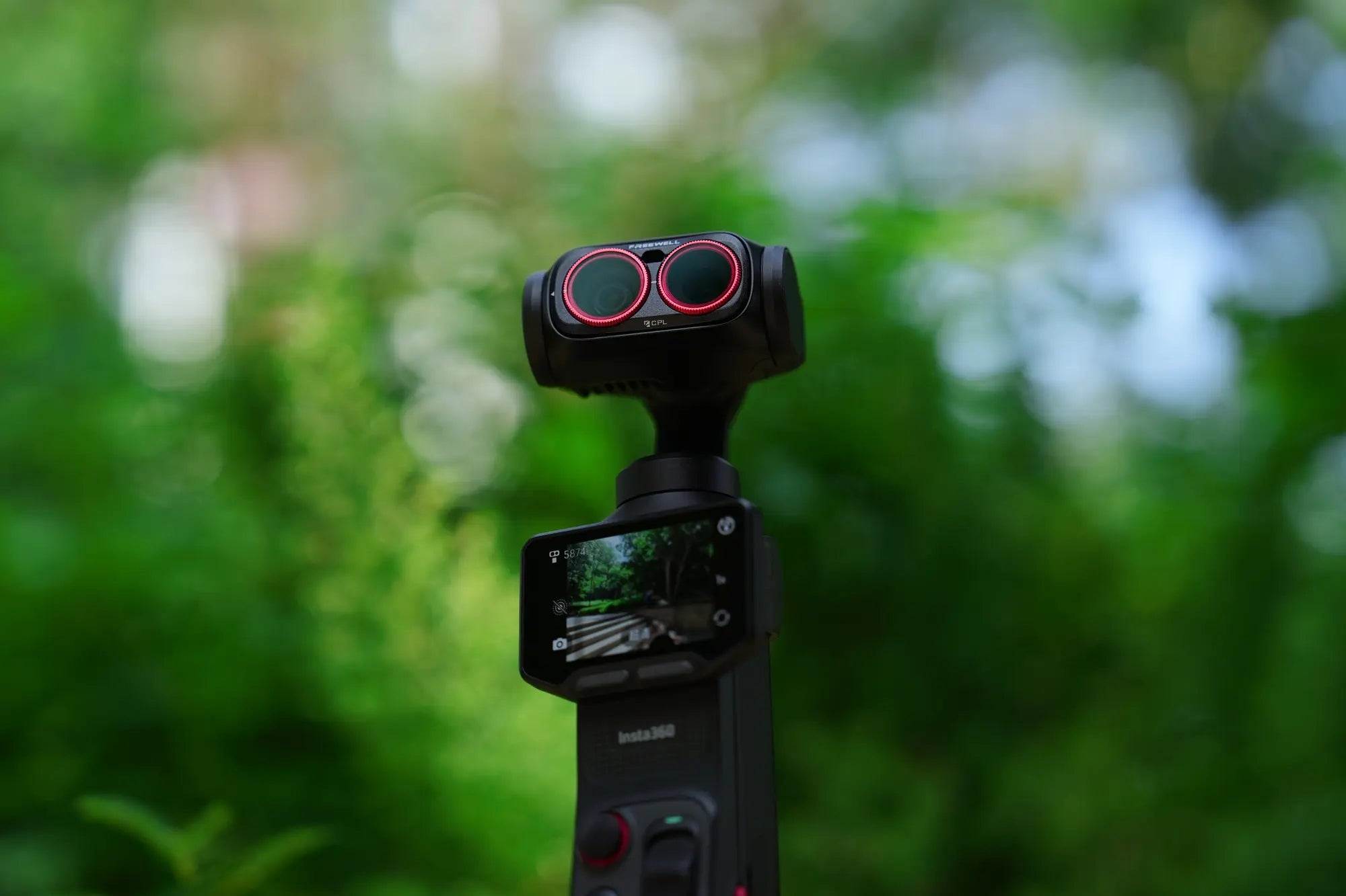 Insta360 Luna Ultra filming outdoors with a Freewell Everyday filter