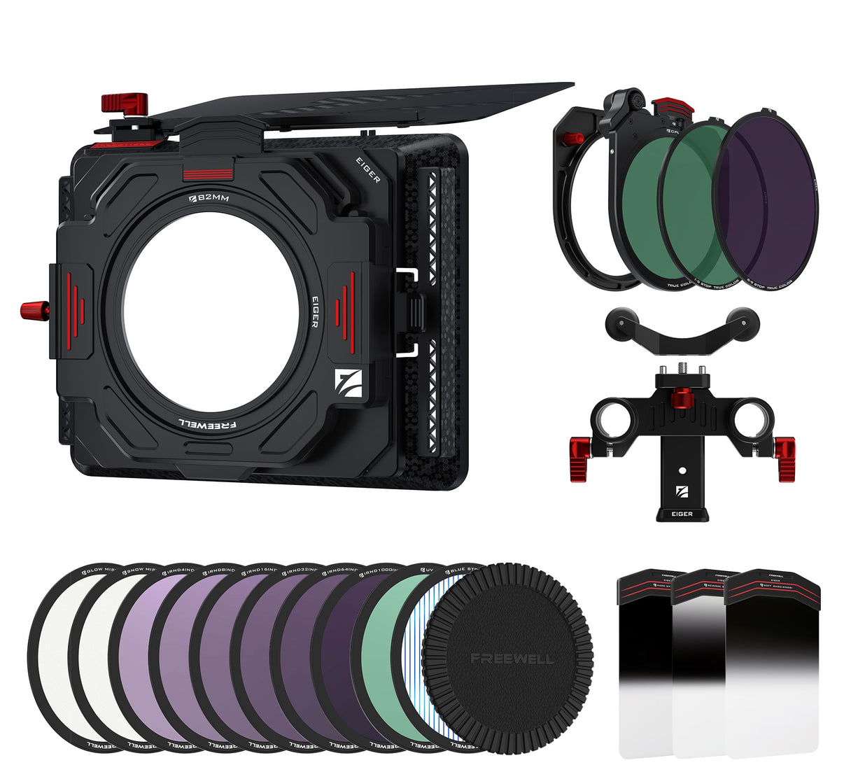 Freewell Eiger Matte Box Mega kit includes VND, CPL, adaptor & cap, blue streak, IR ND filters from ND4 to ND1000, Snow/Glow Mist and Gradient ND filters.
