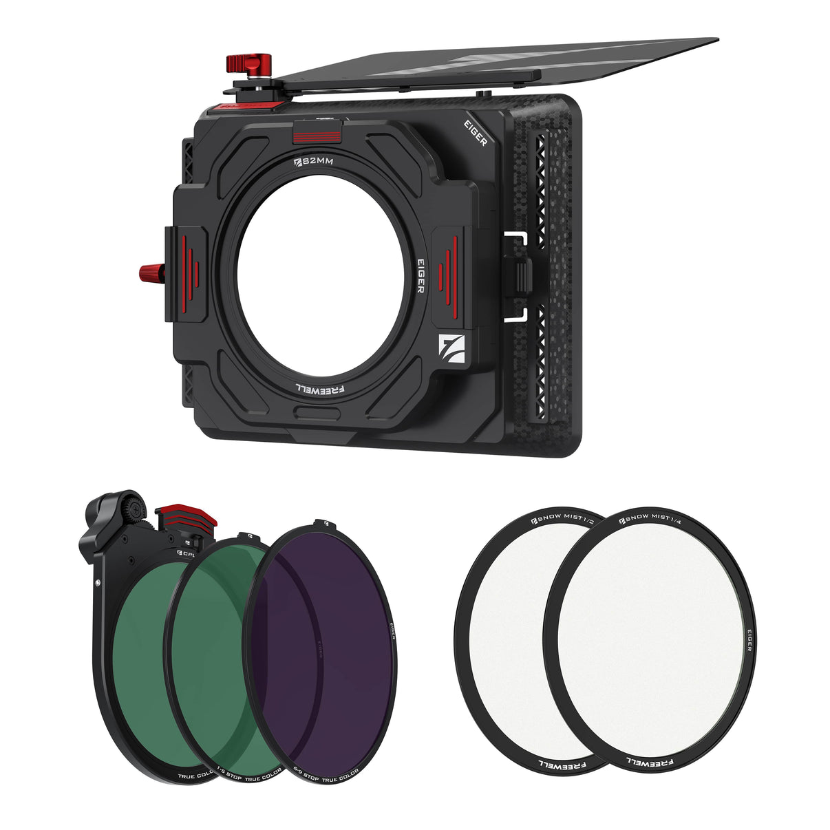 Freewell Eiger Matte Box starter kit includes a matte box, VND, CPL, Snow Mist 1/2 & 1/4 filters.