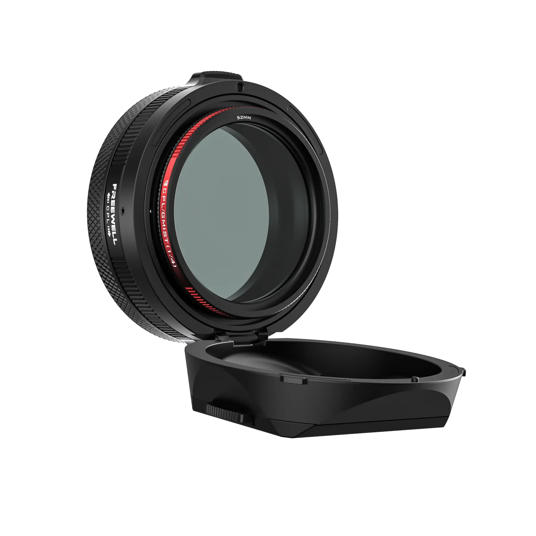 Freewell Real Lens Hood open to reveal the 52mm Hybrid CPL and Glow Mist filter