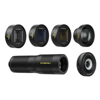1.33x pro filmmaker lens kit includes 1.33x blue, gold, neutral anamorphic lens, 1.7x & 6x telephoto lens, & 45x macro lens.