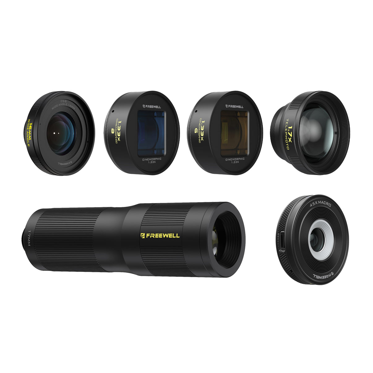 1.33x pro filmmaker lens kit includes 1.33x blue, gold anamorphic lens, 16mm wide angle lens, 1.7x & 6x telephoto lens, & 45x macro lens.