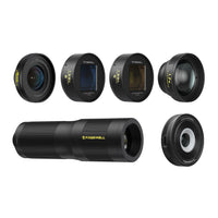 1.33x pro filmmaker lens kit includes 1.33x blue, gold anamorphic lens, 16mm wide angle lens, 1.7x & 6x telephoto lens, & 45x macro lens.