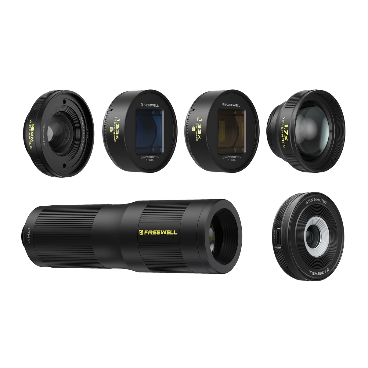 1.33x pro filmmaker lens kit includes 1.33x blue, gold anamorphic lens, 16mm wide angle lens, 1.7x & 6x telephoto lens, & 45x macro lens.