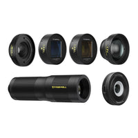1.33x pro filmmaker lens kit includes 1.33x blue, gold anamorphic lens, 16mm wide angle lens, 1.7x & 6x telephoto lens, & 45x macro lens.
