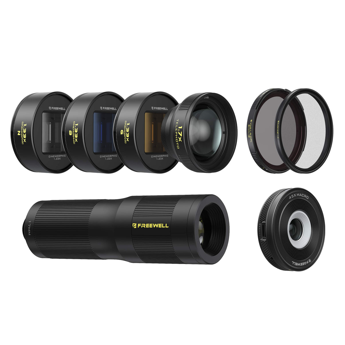 Pro filmmaker lens kit includes blue, gold, neutral anamorphic lens, 1.7x & 6x zoom, 45x macro, VND/CPL & mist lens filters.