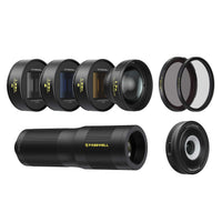 Pro filmmaker lens kit includes blue, gold, neutral anamorphic lens, 1.7x & 6x zoom, 45x macro, VND/CPL & mist lens filters.