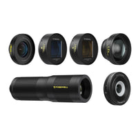1.55x pro filmmaker lens kit includes 1.55x blue, gold anamorphic lens, 16mm wide angle lens, 1.7x & 6x telephoto lens & 45x macro lens.