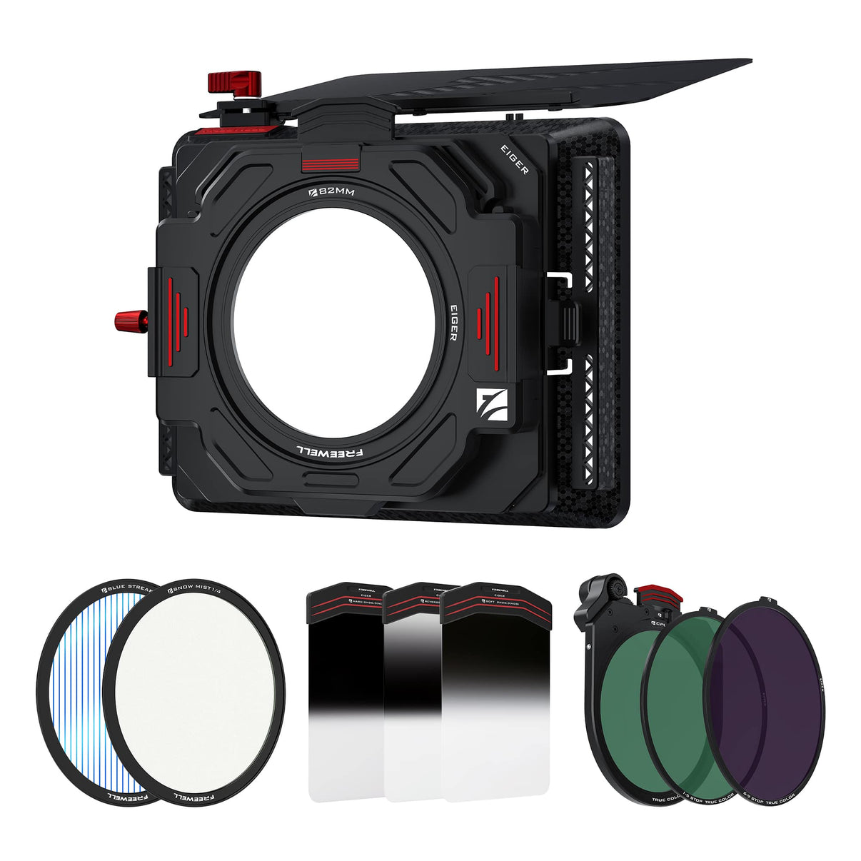 Freewell Eiger Matte Box Pro Kit includes snow mist, blue streak, gnd filters, vnd and cpl.