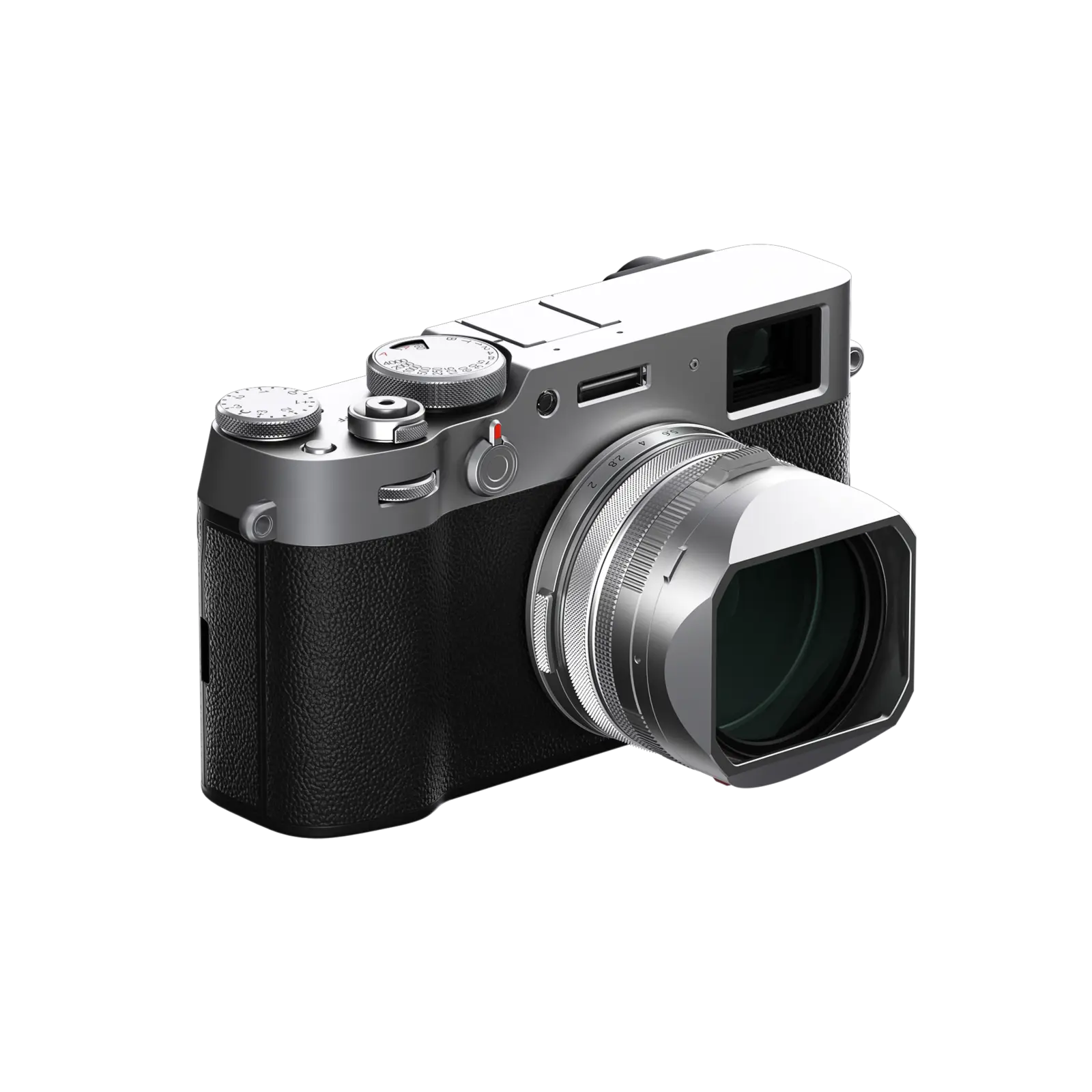 Silver Fujifilm X100VI with matching silver Freewell Real Lens Hood