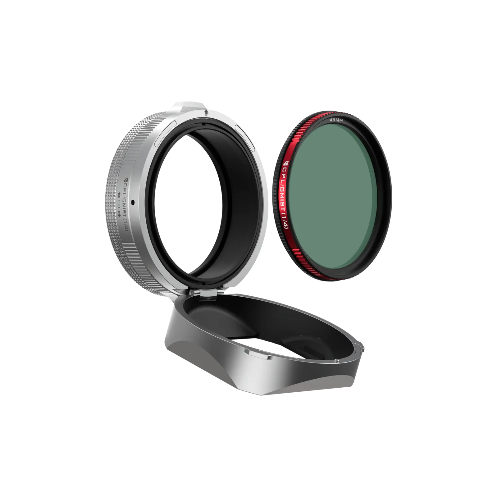 49mm hybrid CPL and Glow Mist 1/4 filter beside the open Real Lens Hood