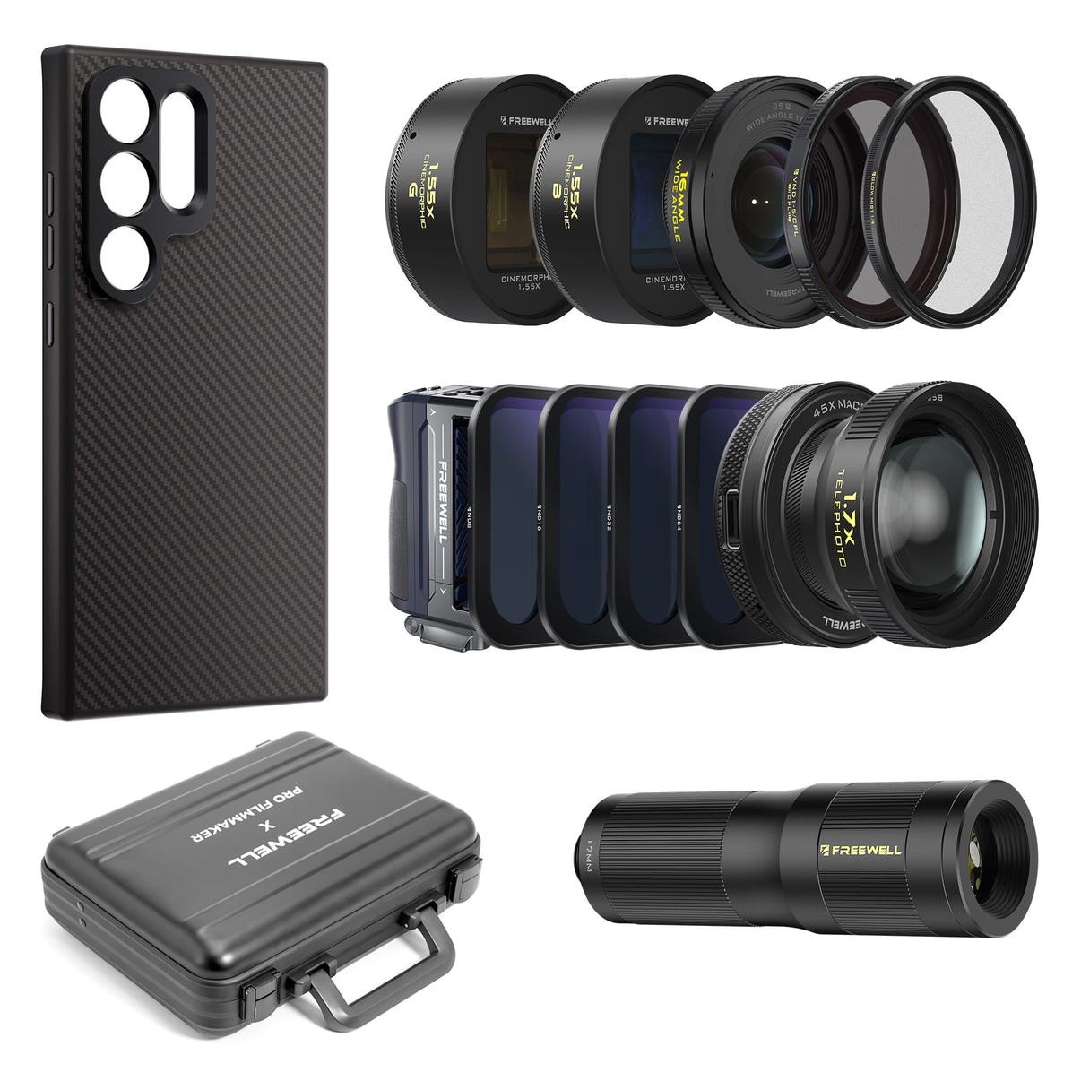 Samsung S24 Ultra case, lenses (wide angle, telephoto, macro, 1.55x anamorphic, VND/CPL, mist filters), a grip, and a carrying case.