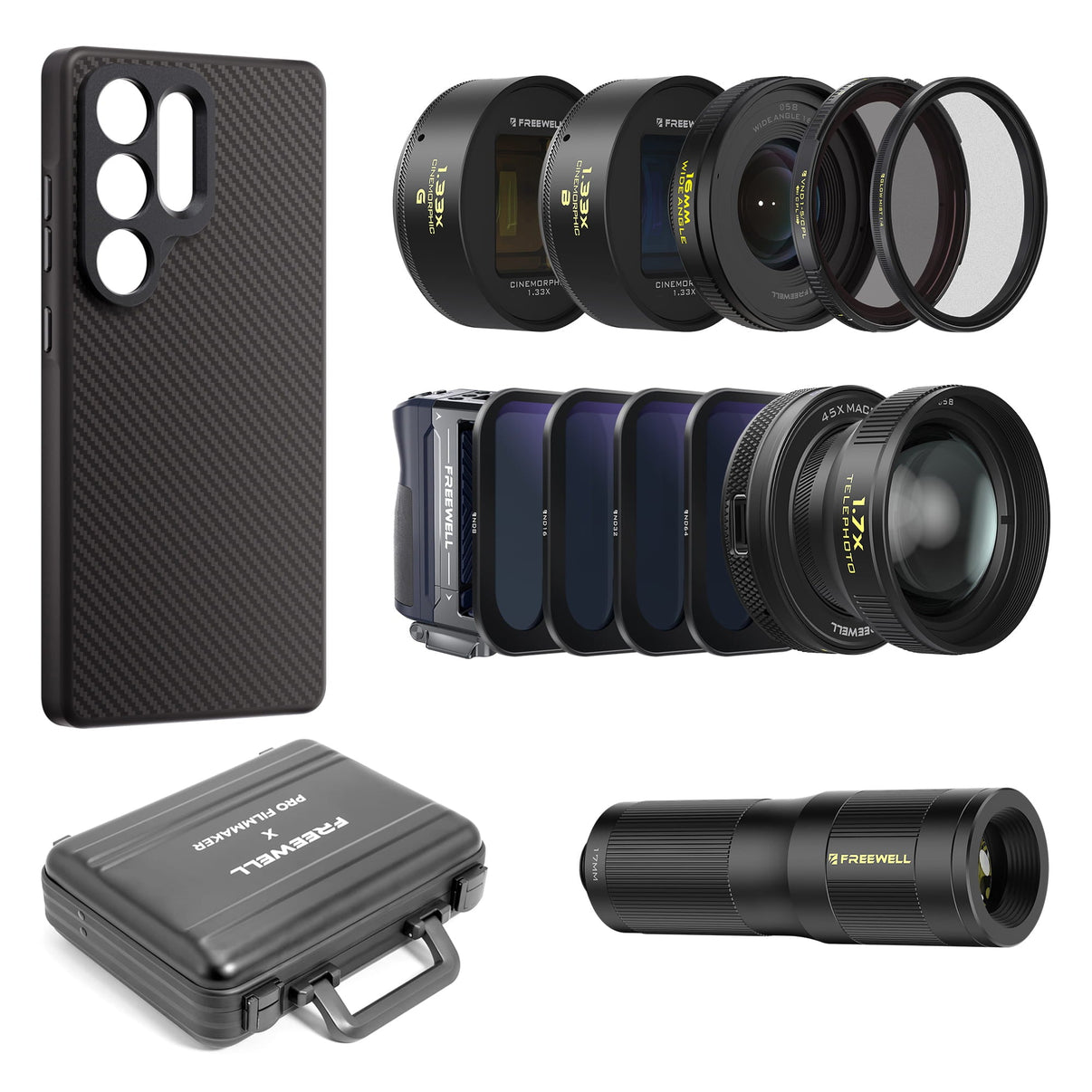 Samsung S25 Ultra case, lenses (wide angle, telephoto, macro, 1.33x anamorphic, VND/CPL, mist filters), a grip, and a carrying case.