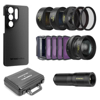 Samsung S26 Ultra case, lenses (wide angle, telephoto, macro, 1.33x anamorphic, VND/CPL, mist filters), a grip, and a carrying case.