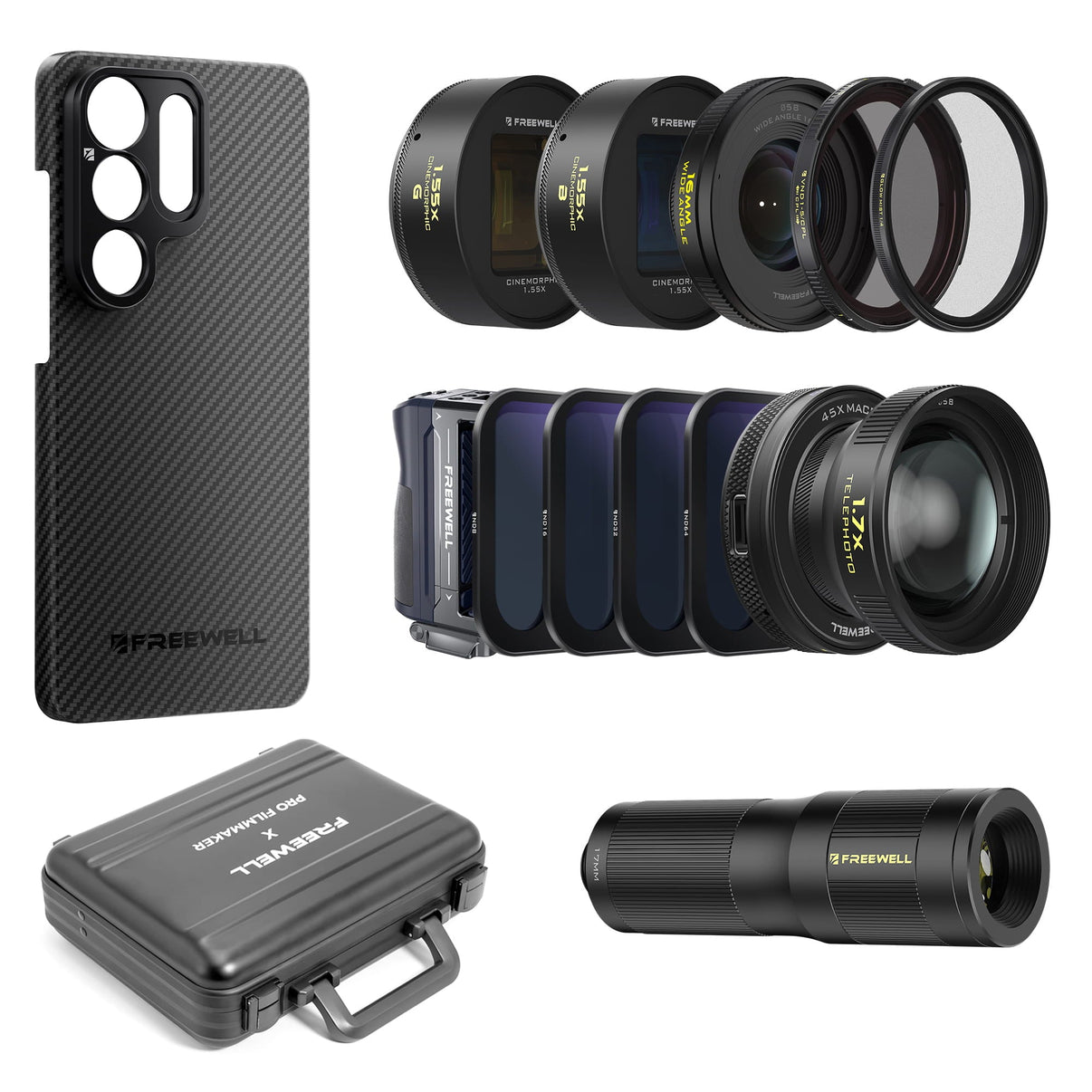 Samsung S26 Ultra case, lenses (wide angle, telephoto, macro, 1.55x anamorphic, VND/CPL, mist filters), a grip, and a carrying case.