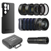 Samsung S26 Ultra case, lenses (wide angle, telephoto, macro, 1.55x anamorphic, VND/CPL, mist filters), a grip, and a carrying case.