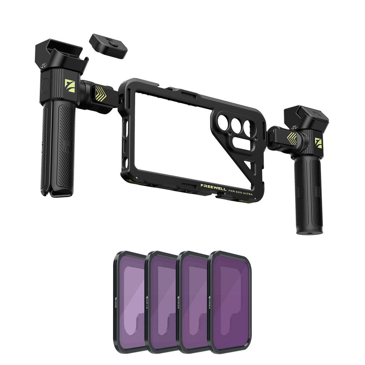 Freewell Samsung S25 Ultra Pro Filmmaker Basic Kit with genius rig, handle, ND8, ND16, ND32, and ND64.