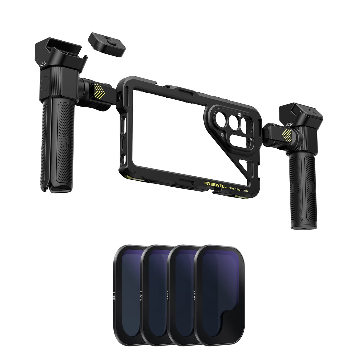 Freewell Samsung S26 Ultra Pro Filmmaker Basic Kit with genius rig, handle, ND8, ND16, ND32, and ND64.