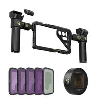 Freewell Samsung S25 Ultra 1.33x Gold Anamorphic Cine Kit with rig, remote, ND8, ND16, ND32, ND64, and Snow Mist 1/4 filter.