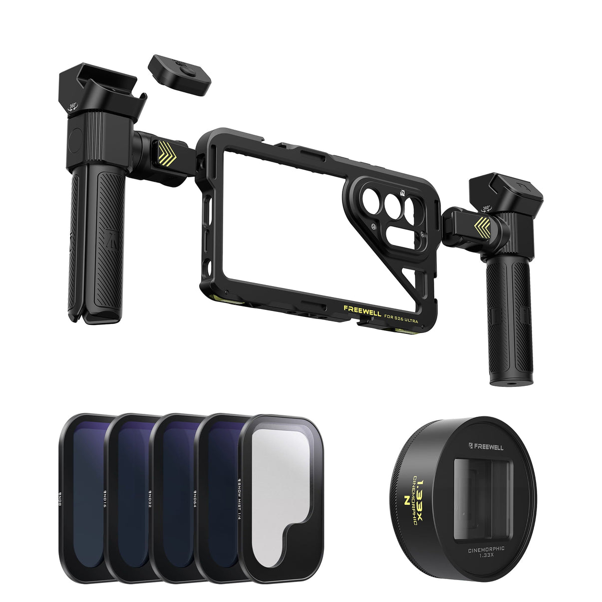 Freewell Samsung S26 Ultra 1.33x Neutral Anamorphic Cine Kit with rig, remote, ND8, ND16, ND32, ND64, and Snow Mist 1/4 filter.