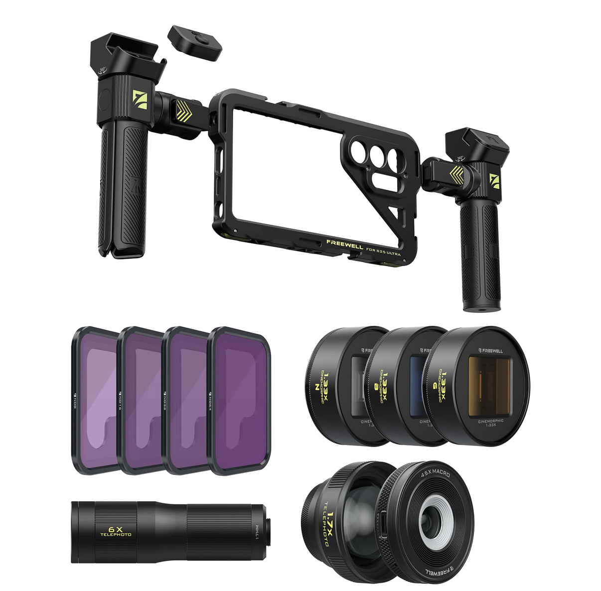 Samsung S25 Ultra genius rig from with ND filters, 1.33x anamorphic lenses, 1.7x/6x telephoto lens, and 45x macro lens.
