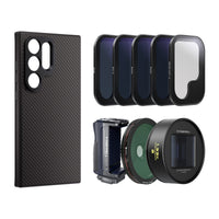 Samsung S24 Ultra case, grip, ND Filters, CPL, Snow Mist, and 1.33x Blue anamorphic lens.