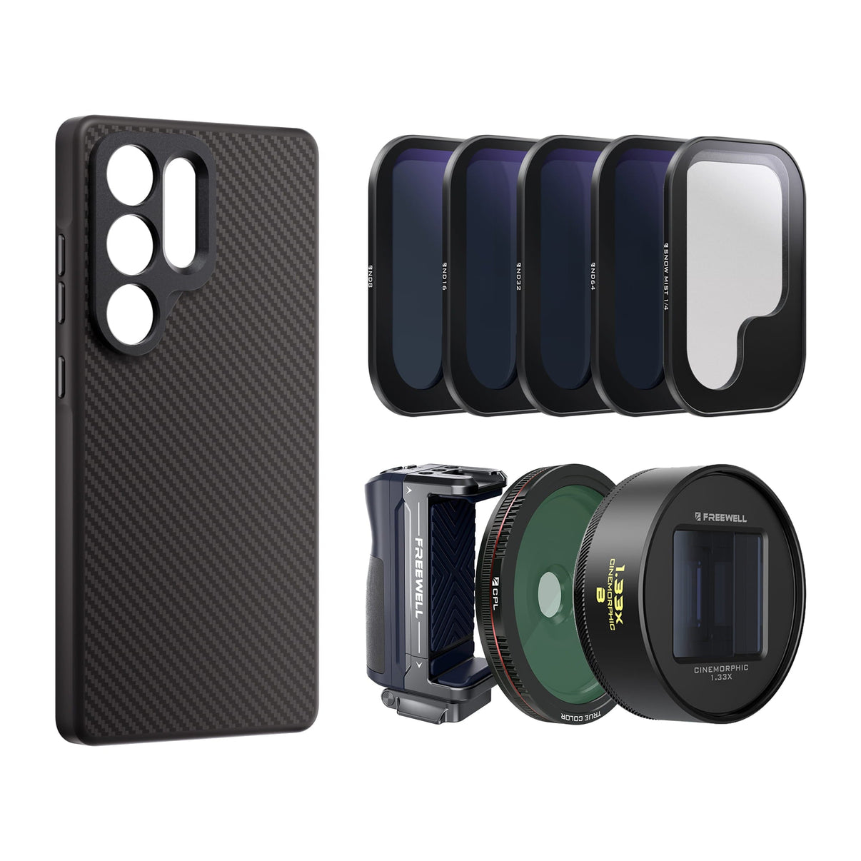 Samsung S25 Ultra case, grip, ND Filters, CPL, Snow Mist, and 1.33x Blue anamorphic lens.