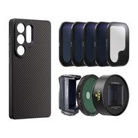 Samsung S25 Ultra case, grip, ND Filters, CPL, Snow Mist, and 1.33x Blue anamorphic lens.