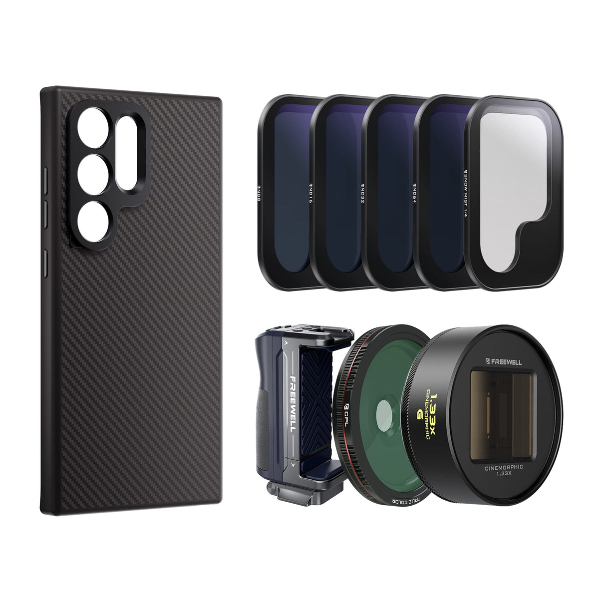 Samsung S24 Ultra case, grip, ND Filters, CPL, Snow Mist, and 1.33x Gold anamorphic lens.