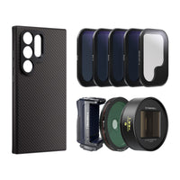 Samsung S24 Ultra case, grip, ND Filters, CPL, Snow Mist, and 1.33x Gold anamorphic lens.