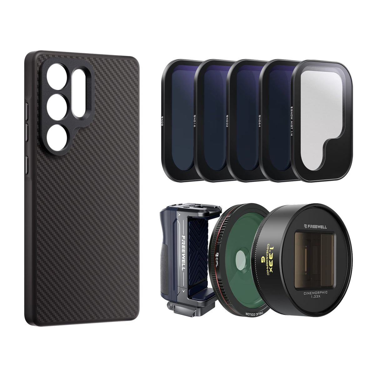 Samsung S25 Ultra case, grip, ND Filters, CPL, Snow Mist, and 1.33x Gold anamorphic lens.