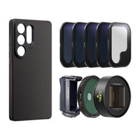 Samsung S25 Ultra case, grip, ND Filters, CPL, Snow Mist, and 1.33x Gold anamorphic lens.