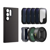 Samsung S24 Ultra case, grip, ND Filters, CPL, Snow Mist, and 1.33x Neutral anamorphic lens.