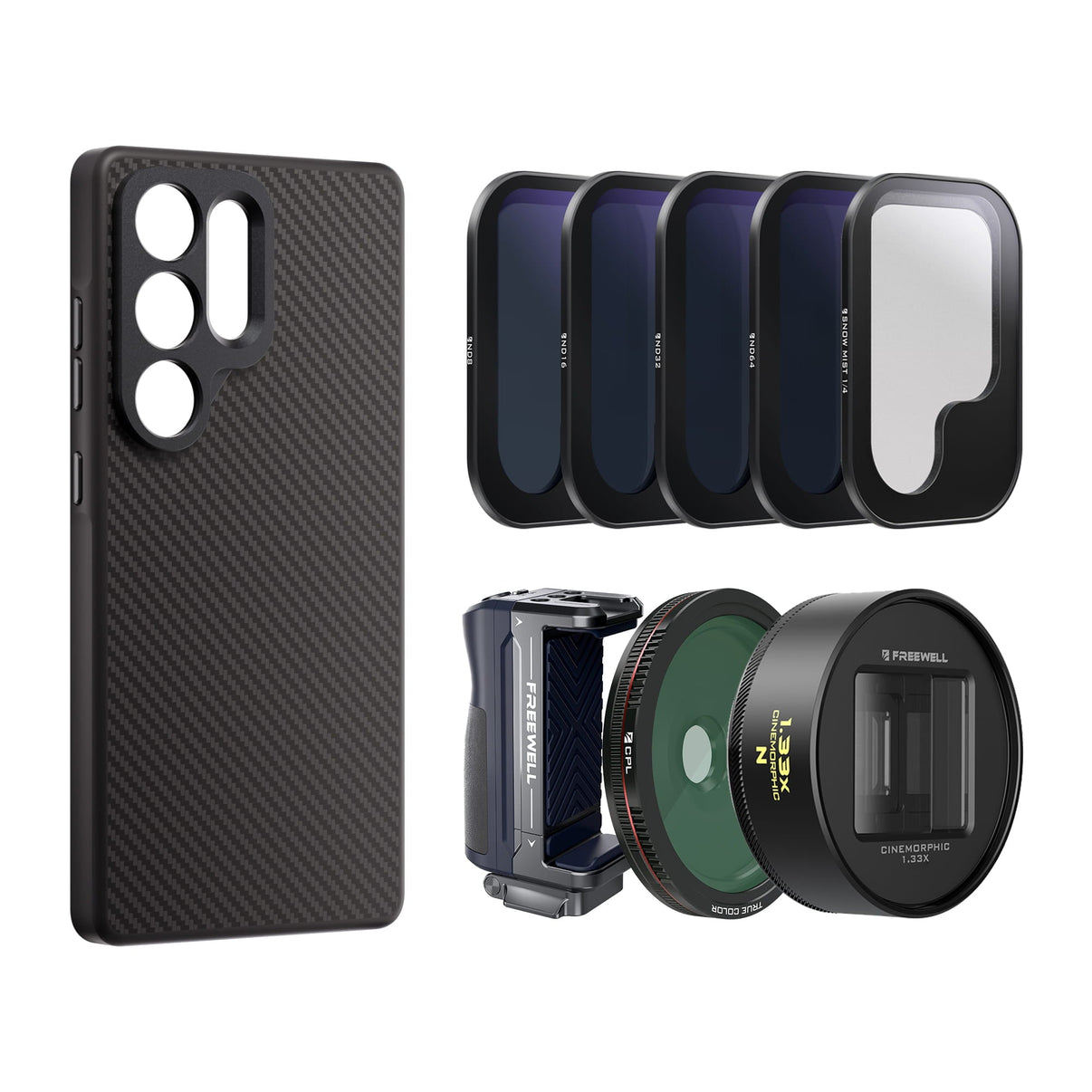Samsung S25 Ultra case, grip, ND Filters, CPL, Snow Mist, and 1.33x Neutral anamorphic lens.