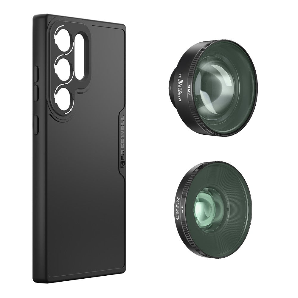 Samsung Galaxy S24 Ultra Pro Kit, including f mount case, 1.7x telephoto lens and long range macro lens from Freewell.