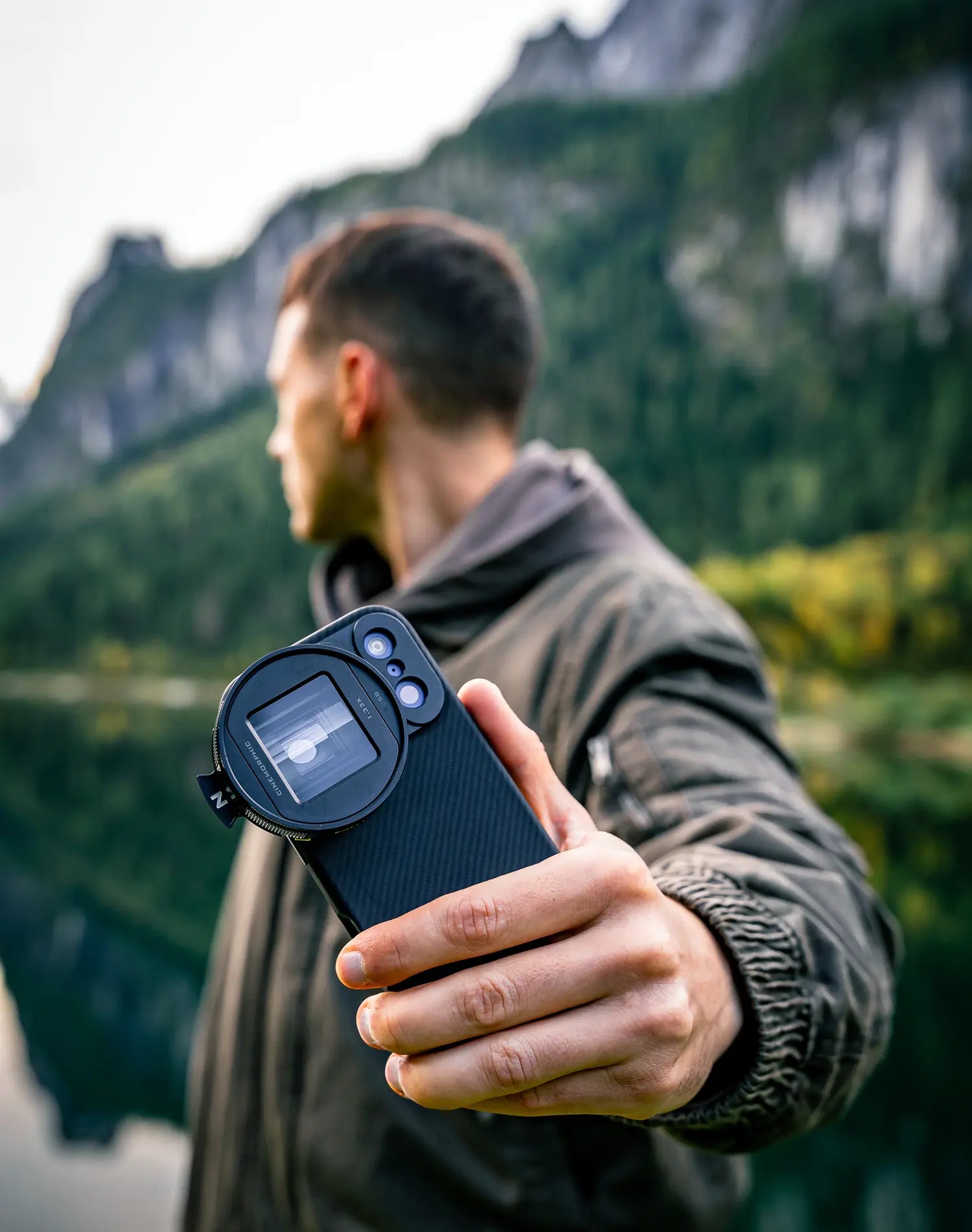 Filmmaker Steven Divish with the anamorphic lens